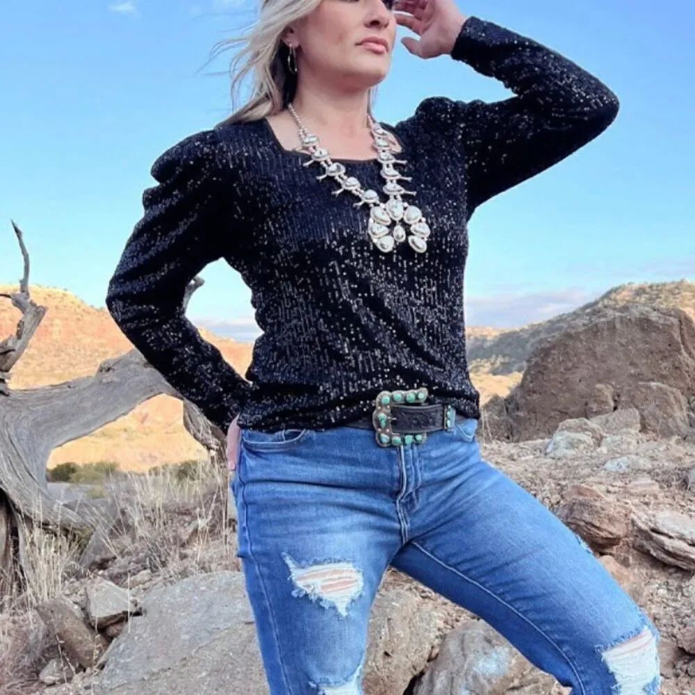 Western Bubble Bling Babe Sparkle Sequin Long Sleeve Black Top New - Picture 8 of 10